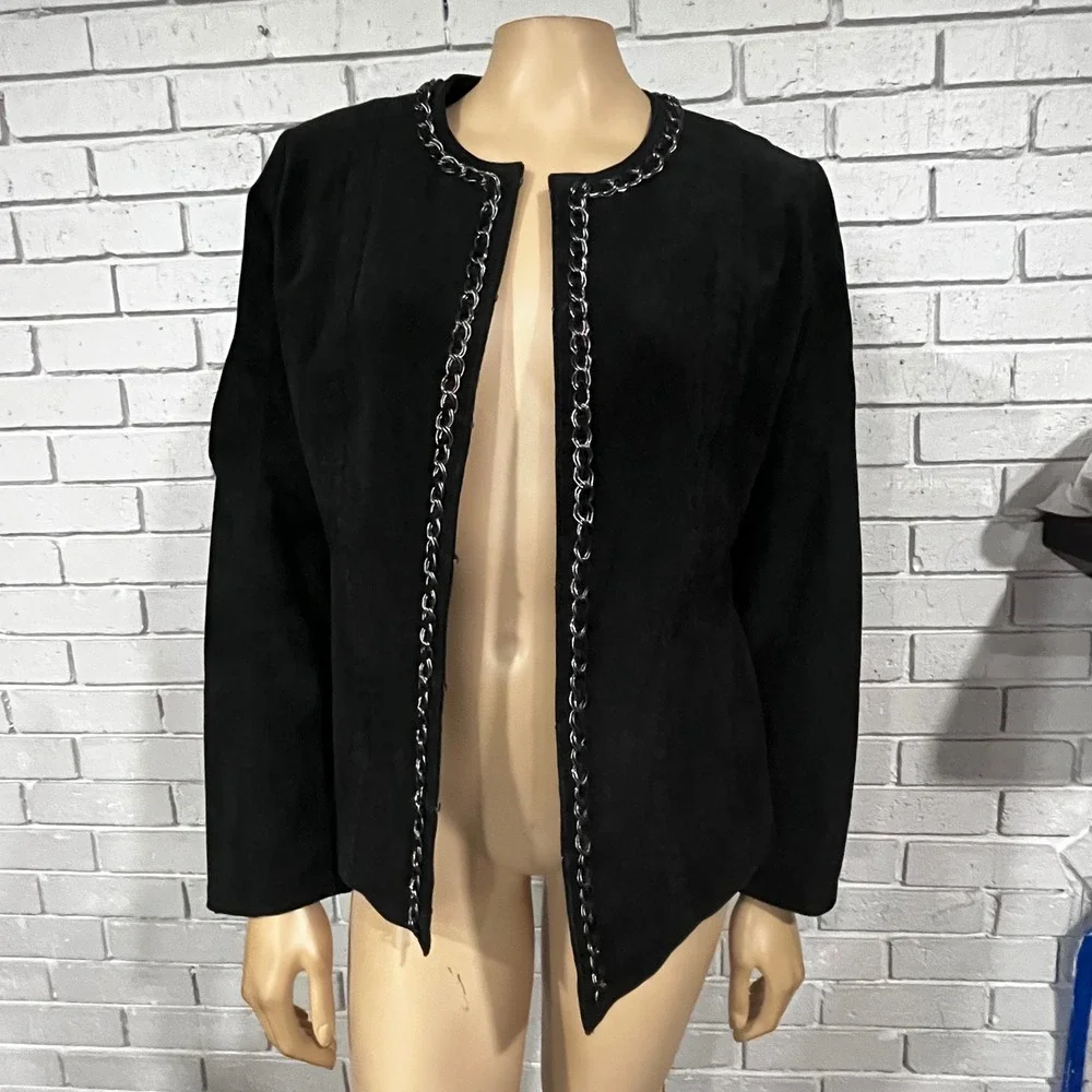 Hal Rubenstein Womens Black Suede Leather Chain‎ Trim Open Front Jacket Large